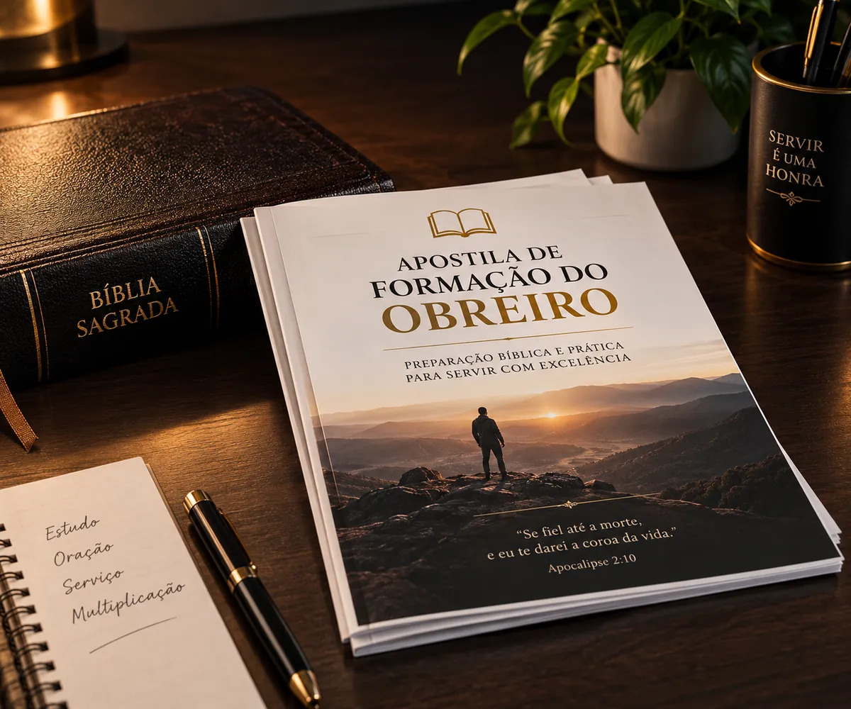 Apostila de Formação do Obreiro impressa, ao lado de tablet, celular e Bíblia